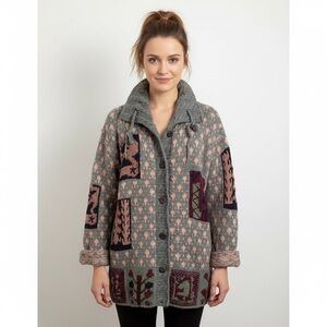Cote-Rotie Gray Orange Patchwork Patterned Kidcore Cardigan Sweater - M/L